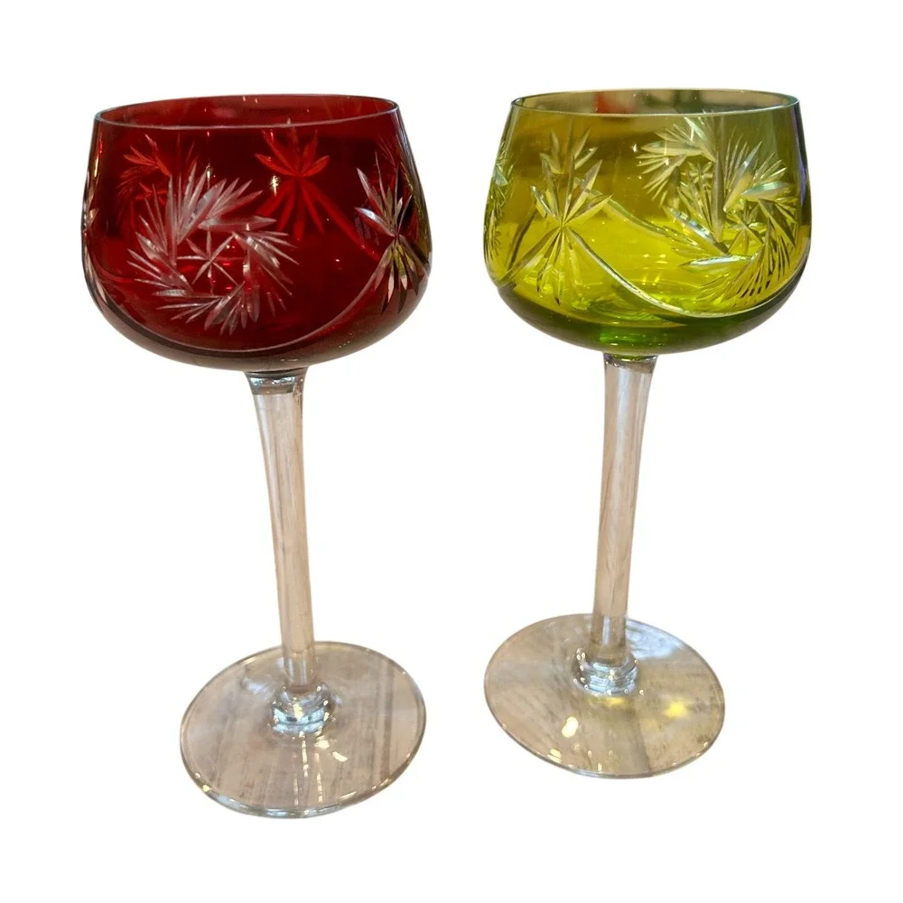 Vintage Bohemian Cut to Clear Crystal Wine Hock‎ Glasses Red Green Set of 2
